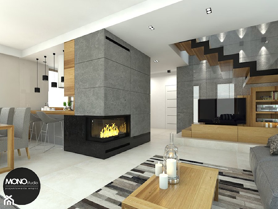 beton & drewno - Średni biały szary salon z kuchnią z jadalnią, styl skandynawski - zdjęcie od MONOstudio