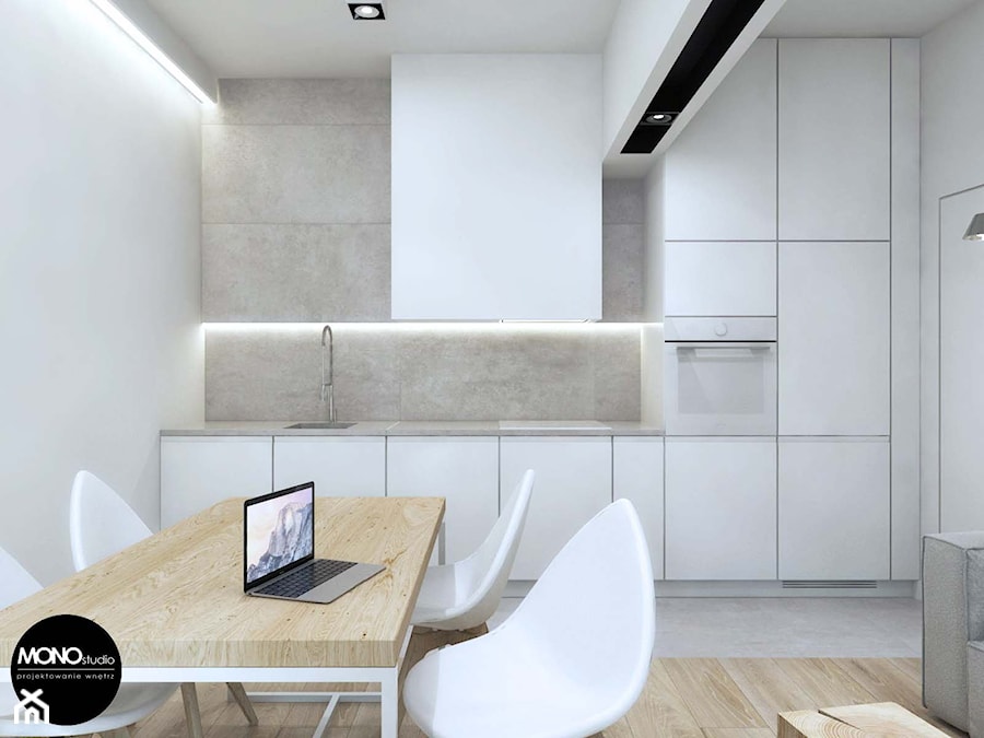 biel&minimalizm - Mała otwarta z salonem z kamiennym blatem biała szara z zabudowaną lodówką z podblatowym zlewozmywakiem kuchnia jednorzędowa, styl minimalistyczny - zdjęcie od MONOstudio