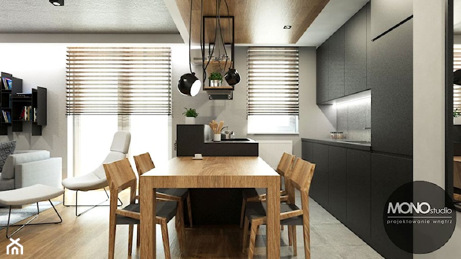 Salon z kuchnią w minimalistycznym i ciepłym charakterze - zdjęcie od MONOstudio