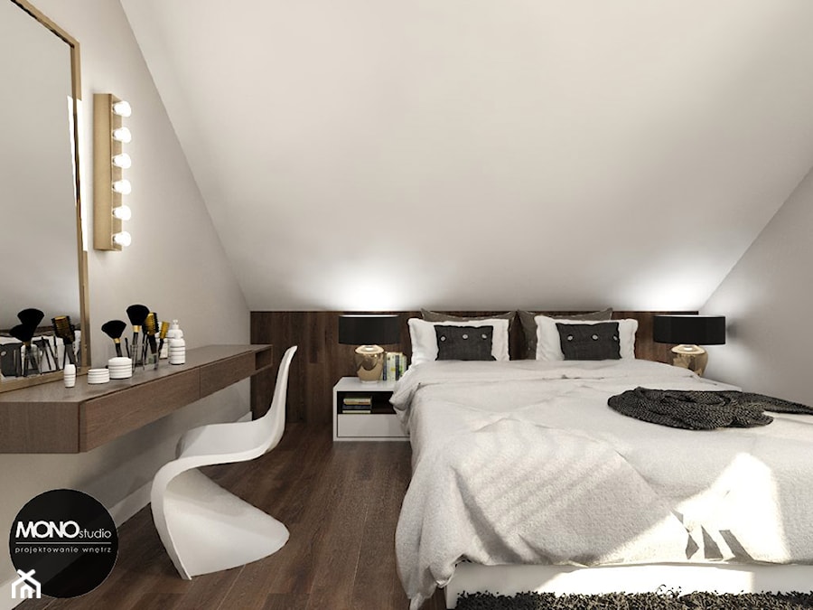 beton & drewno - Średnia szara sypialnia na poddaszu, styl skandynawski - zdjęcie od MONOstudio