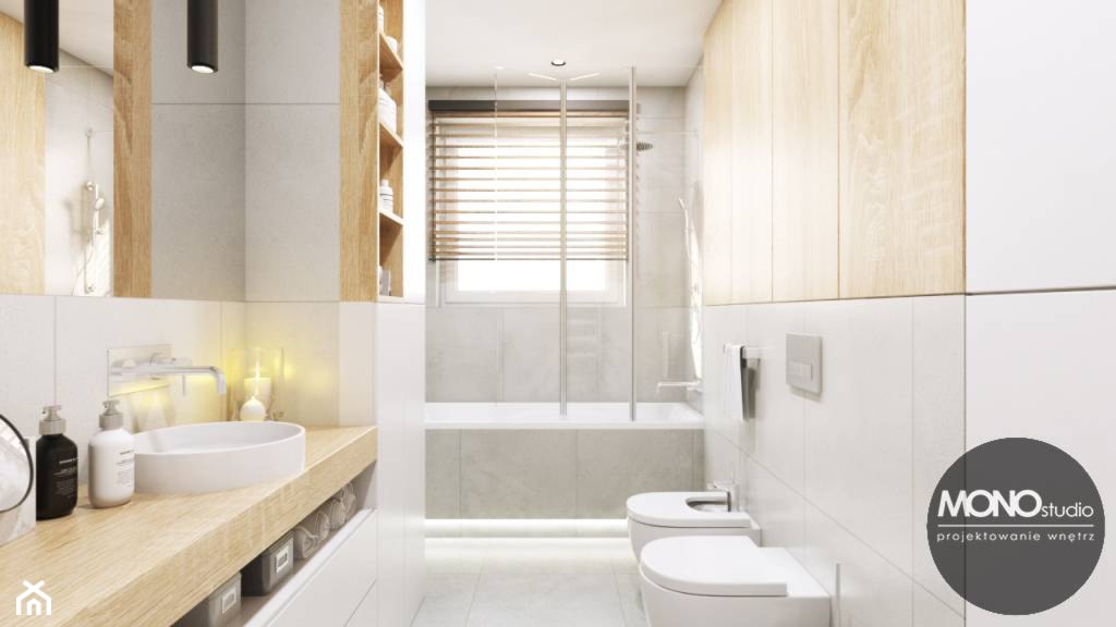 Łazienka w jasnych barwach bieli i brązu - zdjęcie od MONOstudio - Homebook