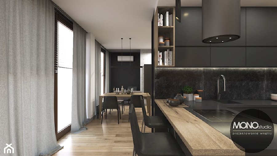 Nowczesne mieszkanie - Średnia otwarta czarna z zabudowaną lodówką z podblatowym zlewozmywakiem kuchnia w kształcie litery l z wyspą lub półwyspem - zdjęcie od MONOstudio