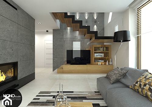 beton & drewno - Średni biały salon z barkiem, styl skandynawski - zdjęcie od MONOstudio
