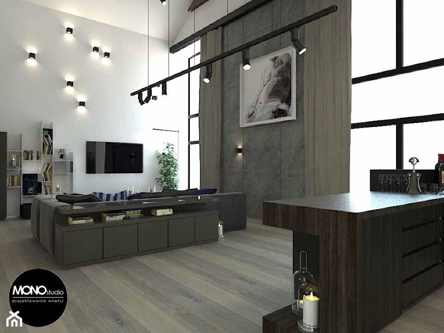 beton & faktura - Duży biały salon z kuchnią z bibiloteczką, styl industrialny - zdjęcie od MONOstudio