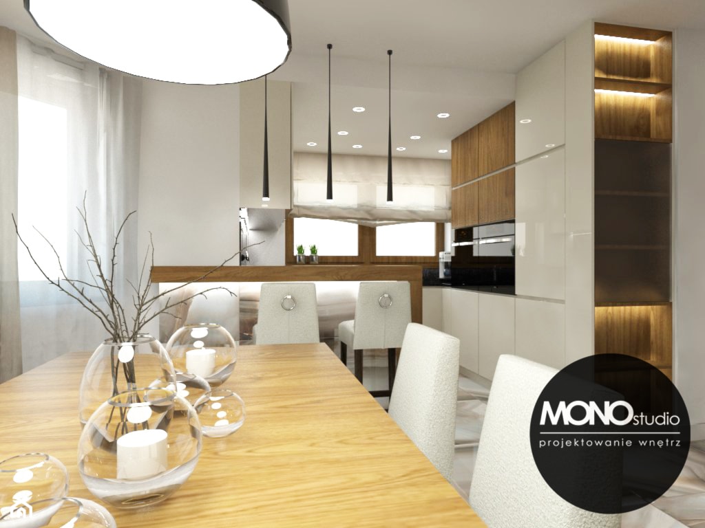 Nowoczesna otwarta na salon kuchnia w minimalistycznym charakterze - zdjęcie od MONOstudio - Homebook