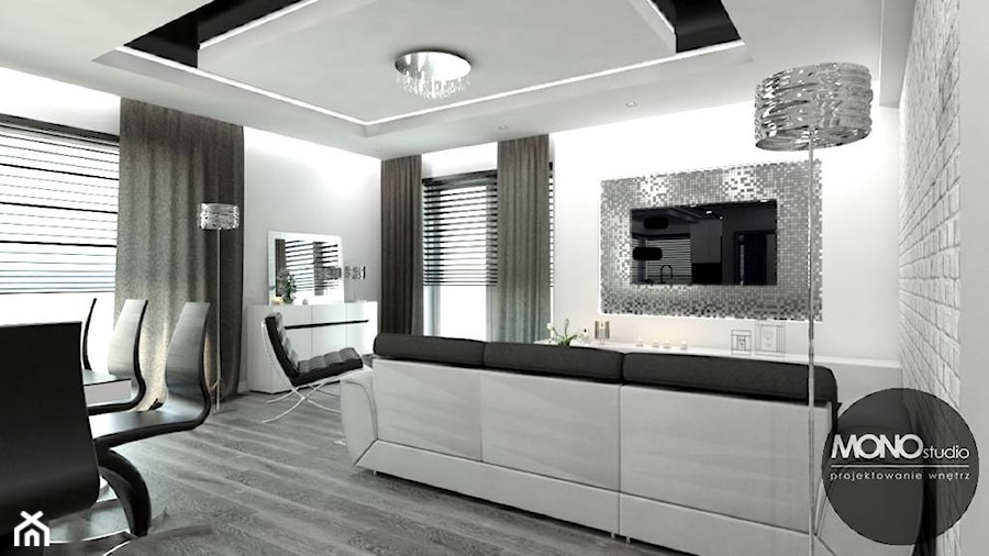 Salon w kolorach bieli, szarości i czerni - zdjęcie od MONOstudio