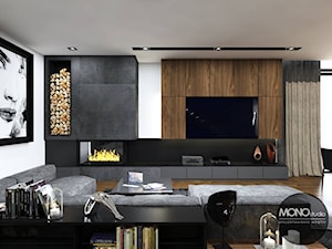 Salon z elementami czerni i drewna - zdjęcie od MONOstudio