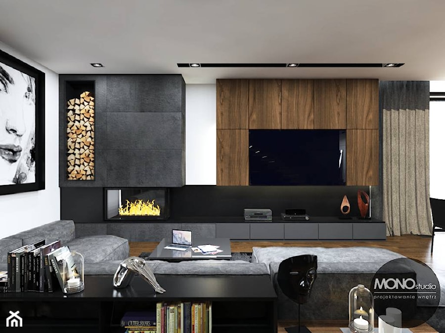Salon z elementami czerni i drewna - zdjęcie od MONOstudio