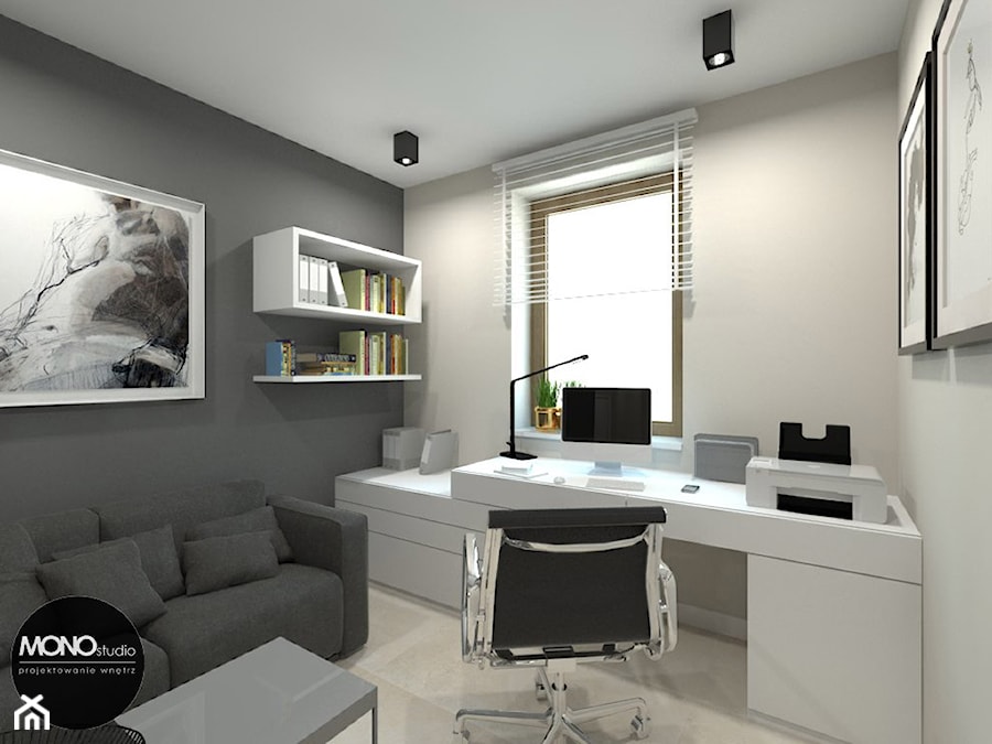 beton & drewno - Średnie w osobnym pomieszczeniu z sofą z zabudowanym biurkiem szare biuro, styl skandynawski - zdjęcie od MONOstudio