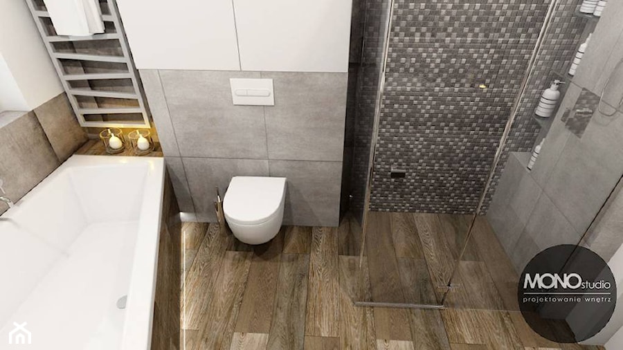 drewno & minimalizm - Średnia na poddaszu bez okna łazienka, styl minimalistyczny - zdjęcie od MONOstudio