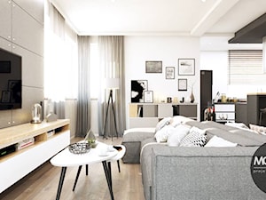drewno & minimalizm - Duży biały szary salon z kuchnią z jadalnią, styl minimalistyczny - zdjęcie od MONOstudio