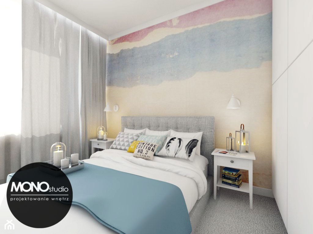​Przytulna sypialnia z wykorzystaniem tapety w kolorze jako główny element dekoracyjny - zdjęcie od MONOstudio - Homebook