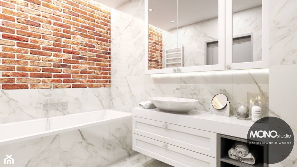 Łazienka w bieli z elementem cegły - zdjęcie od MONOstudio - Homebook
