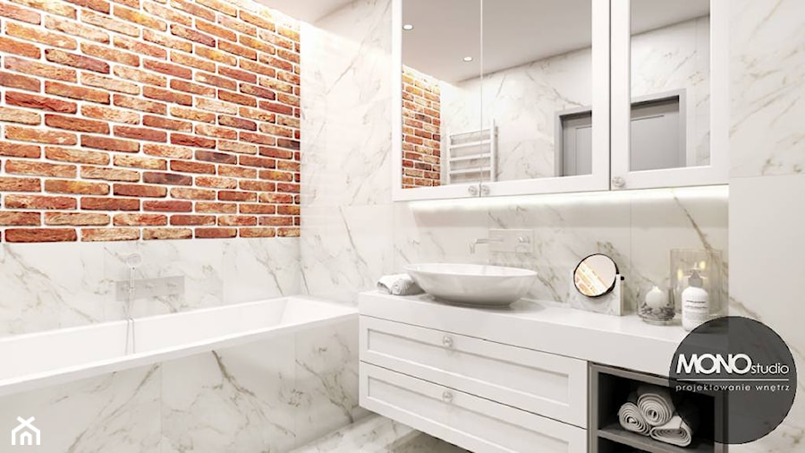 Łazienka w bieli z elementem cegły - zdjęcie od MONOstudio