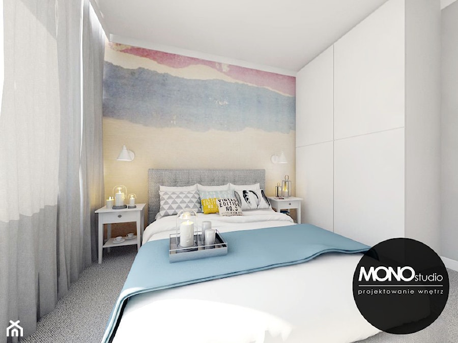 ​Przytulna sypialnia z wykorzystaniem tapety w kolorze jako główny element dekoracyjny - zdjęcie od MONOstudio