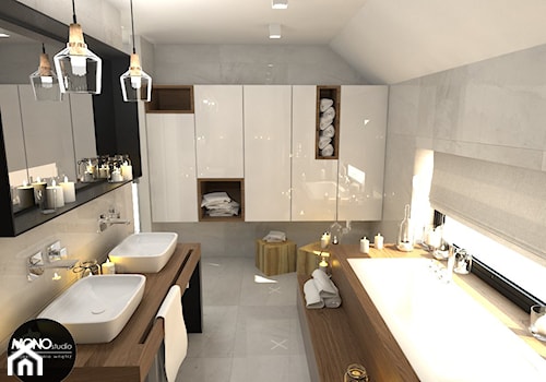 elegancja & przestrzeń - Średnia na poddaszu bez okna z dwoma umywalkami łazienka, styl nowoczesny - zdjęcie od MONOstudio