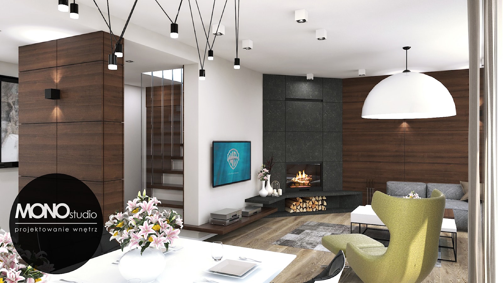 Nowoczesna otwarta na salon kuchnia w minimalistycznym charakterze z dodatkiem ciepłego drewna. - zdjęcie od MONOstudio - Homebook