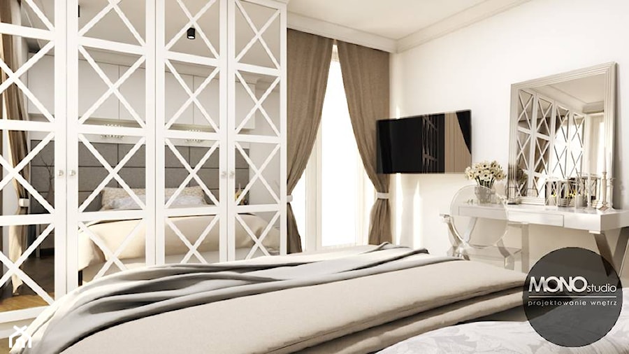 Ciepła, elegancka sypialnia z brązie i bieli - zdjęcie od MONOstudio