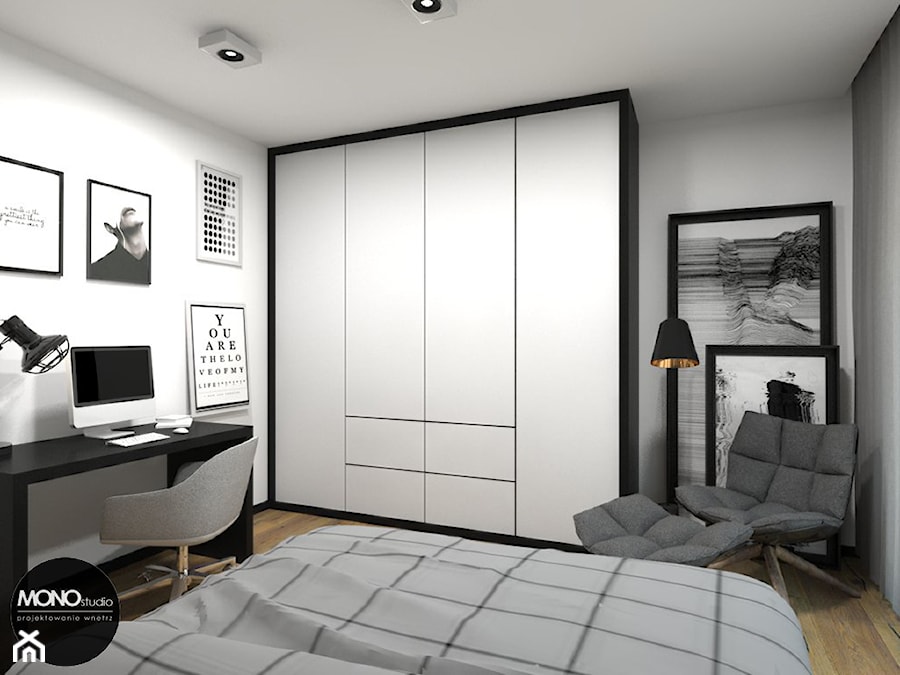 nowoczesność & ciepło - Mała biała szara z biurkiem sypialnia, styl nowoczesny - zdjęcie od MONOstudio