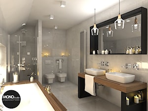 elegancja & przestrzeń - Duża na poddaszu jako pokój kąpielowy z dwoma umywalkami z punktowym oświetleniem łazienka, styl nowoczesny - zdjęcie od MONOstudio