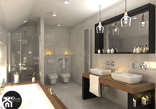 elegancja & przestrzeń - Duża na poddaszu jako pokój kąpielowy z dwoma umywalkami z punktowym oświetleniem łazienka, styl nowoczesny - zdjęcie od MONOstudio