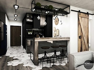 przestrzeń & faktura - Mała otwarta z salonem biała czarna z lodówką wolnostojącą kuchnia dwurzędowa z wyspą lub półwyspem, styl vintage - zdjęcie od MONOstudio