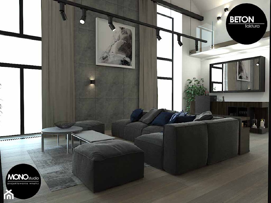 beton & faktura - Duży biały salon z antresolą, styl industrialny - zdjęcie od MONOstudio