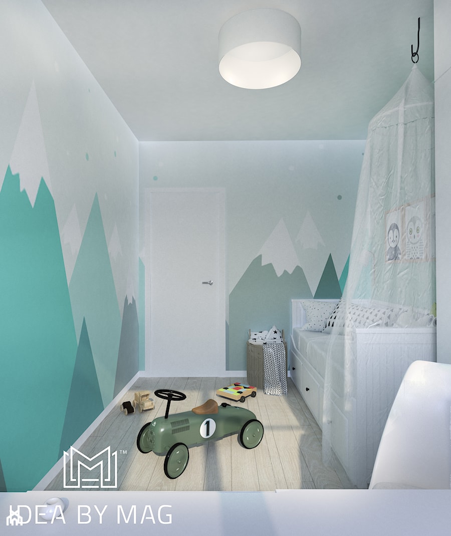 Nadmorskie klimaty - Mały szary zielony pokój dziecka dla dziecka dla nastolatka dla chłopca, styl skandynawski - zdjęcie od Idea by Mag.