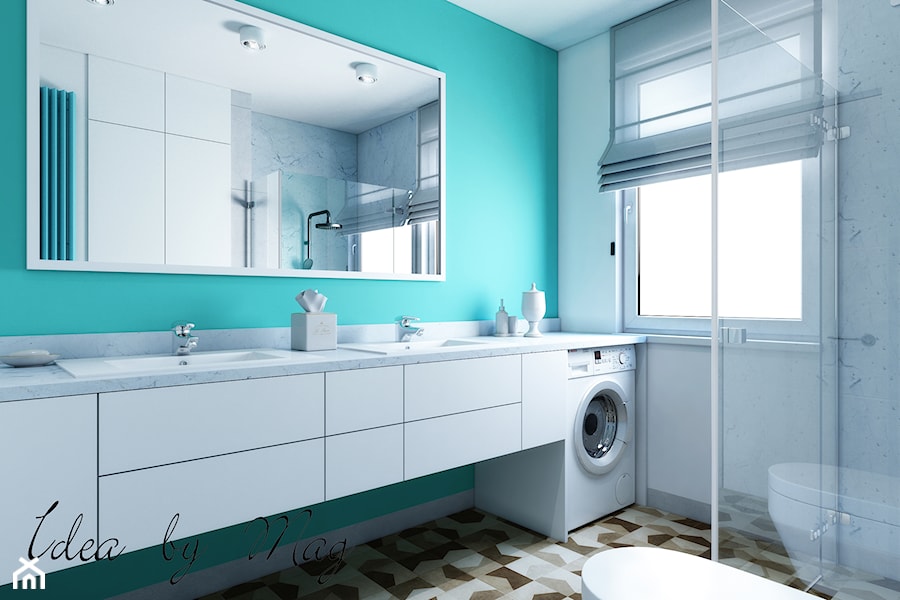 Artystyczny Żoliborz w Kolorze - Średnia na poddaszu z dwoma umywalkami łazienka z oknem, styl nowoczesny - zdjęcie od Idea by Mag.