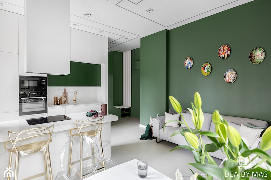 Apartament Zielona Ściana - Mały biały zielony salon z kuchnią z jadalnią, styl nowoczesny - zdjęcie od Idea by Mag.