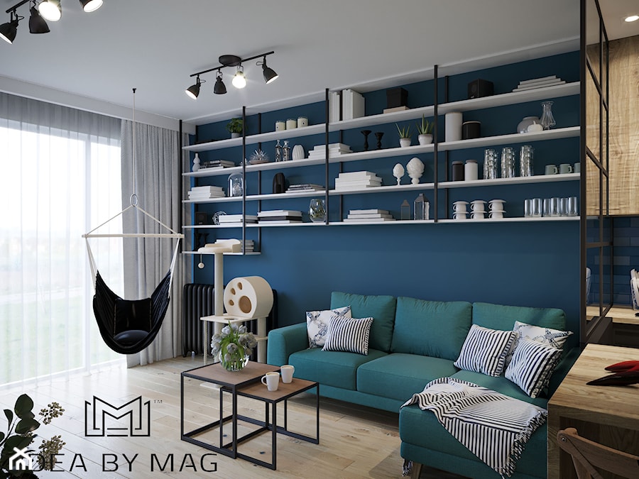 Kolorowe szaleństwo - Średni biały niebieski salon z kuchnią z jadalnią, styl industrialny - zdjęcie od Idea by Mag.