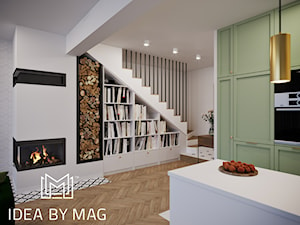 Z nutą pistacji - Średni biały salon z kuchnią z bibiloteczką, styl vintage - zdjęcie od Idea by Mag.