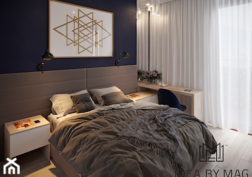 50 m2 - Mała niebieska z biurkiem sypialnia, styl nowoczesny - zdjęcie od Idea by Mag.