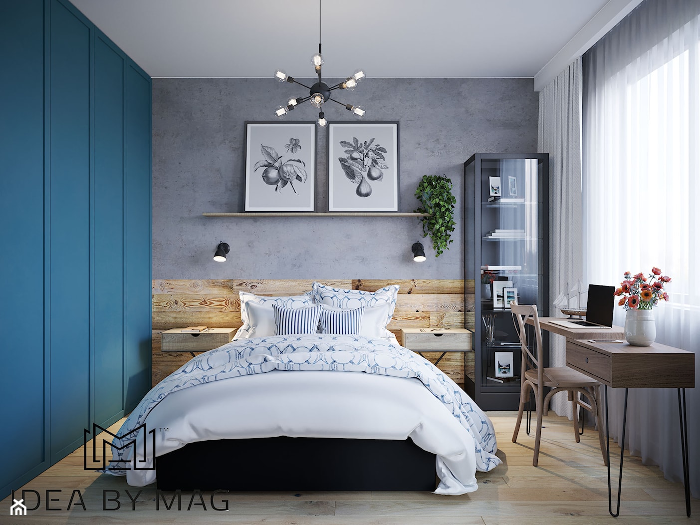 Kolorowe szaleństwo - Mała biała szara z biurkiem sypialnia, styl industrialny - zdjęcie od Idea by Mag. - Homebook