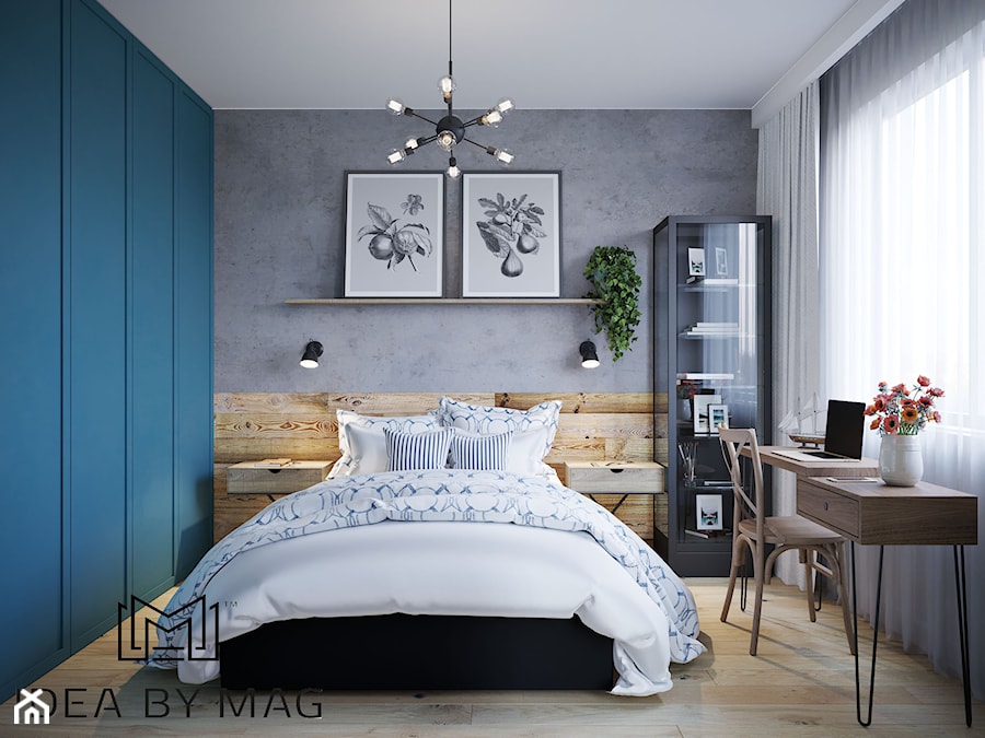Kolorowe szaleństwo - Mała biała szara z biurkiem sypialnia, styl industrialny - zdjęcie od Idea by Mag.