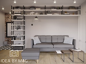 Klasyczny loft - Mały biały szary salon z bibiloteczką, styl industrialny - zdjęcie od Idea by Mag.