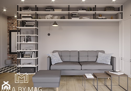 Klasyczny loft - Mały biały szary salon z bibiloteczką, styl industrialny - zdjęcie od Idea by Mag.