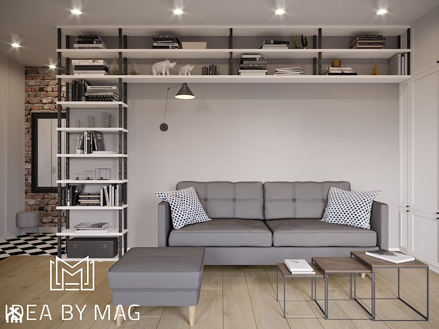 Klasyczny loft - Mały biały szary salon z bibiloteczką, styl industrialny - zdjęcie od Idea by Mag.