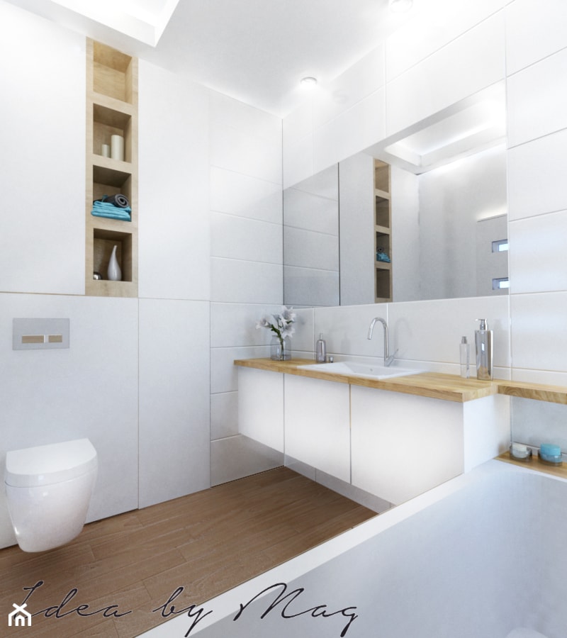 Drewniana łazienka - Mała na poddaszu bez okna z lustrem łazienka, styl nowoczesny - zdjęcie od Idea by Mag. - Homebook