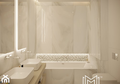 Warszawski Wilanów - Średnia bez okna z lustrem z dwoma umywalkami z marmurową podłogą z punktowym oświetleniem łazienka, styl nowoczesny - zdjęcie od Idea by Mag.