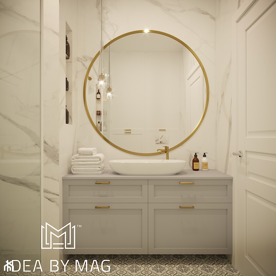 Pastelowa elegancja - Mała bez okna z lustrem z punktowym oświetleniem łazienka, styl glamour - zdjęcie od Idea by Mag.