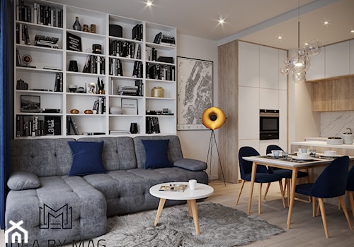 50 m2 - Średni biały salon z kuchnią z jadalnią z bibiloteczką, styl nowoczesny - zdjęcie od Idea by Mag.