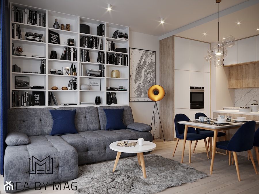 50 m2 - Średni biały salon z kuchnią z jadalnią z bibiloteczką, styl nowoczesny - zdjęcie od Idea by Mag.