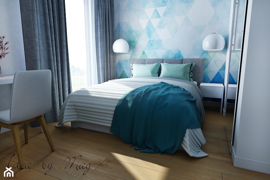 Artystyczny Żoliborz w Kolorze - Średnia biała turkusowa sypialnia, styl nowoczesny - zdjęcie od Idea by Mag.