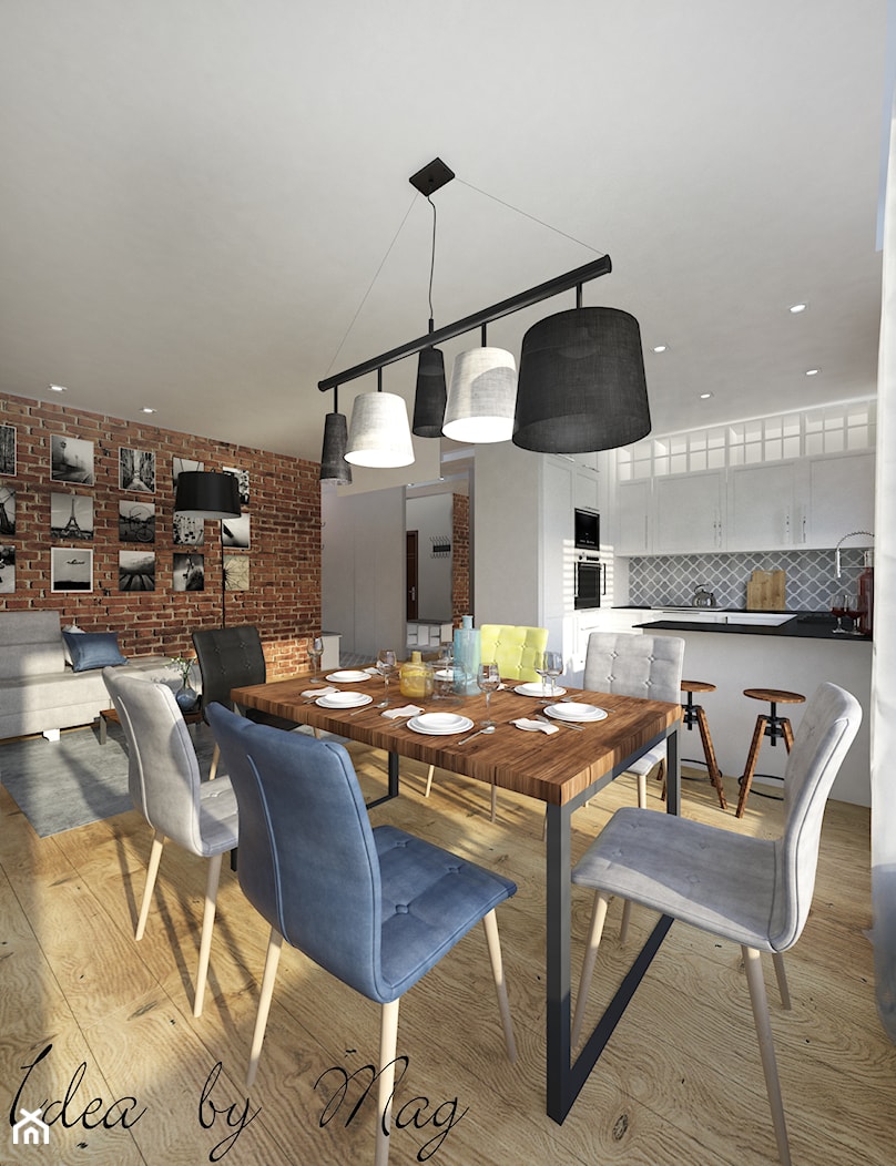 Ceglane wnętrze. - Średnia biała jadalnia w salonie w kuchni, styl rustykalny - zdjęcie od Idea by Mag. - Homebook