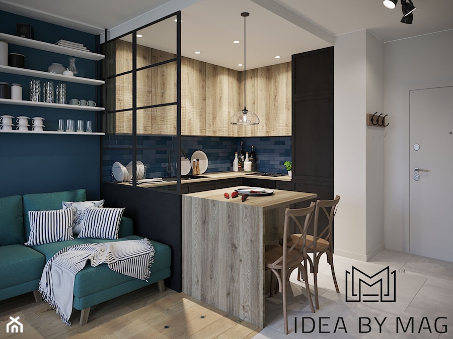 Kolorowe szaleństwo - Mała otwarta z salonem niebieska z zabudowaną lodówką z nablatowym zlewozmywakiem kuchnia w kształcie litery u, styl industrialny - zdjęcie od Idea by Mag.