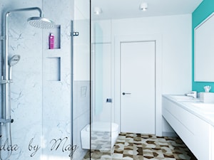 Artystyczny Żoliborz w Kolorze - Średnia na poddaszu bez okna z dwoma umywalkami łazienka, styl nowoczesny - zdjęcie od Idea by Mag.