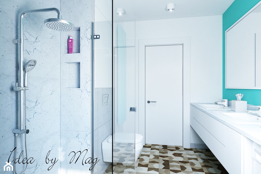 Artystyczny Żoliborz w Kolorze - Średnia na poddaszu bez okna z dwoma umywalkami łazienka, styl nowoczesny - zdjęcie od Idea by Mag.
