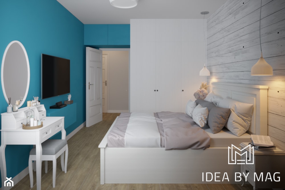 Skandynawskie wnętrze ze szczyptą koloru - Średnia niebieska sypialnia, styl skandynawski - zdjęcie od Idea by Mag. - Homebook