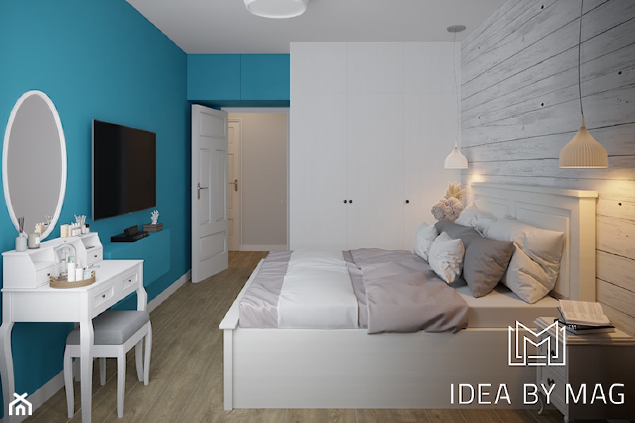 Skandynawskie wnętrze ze szczyptą koloru - Średnia niebieska sypialnia, styl skandynawski - zdjęcie od Idea by Mag.